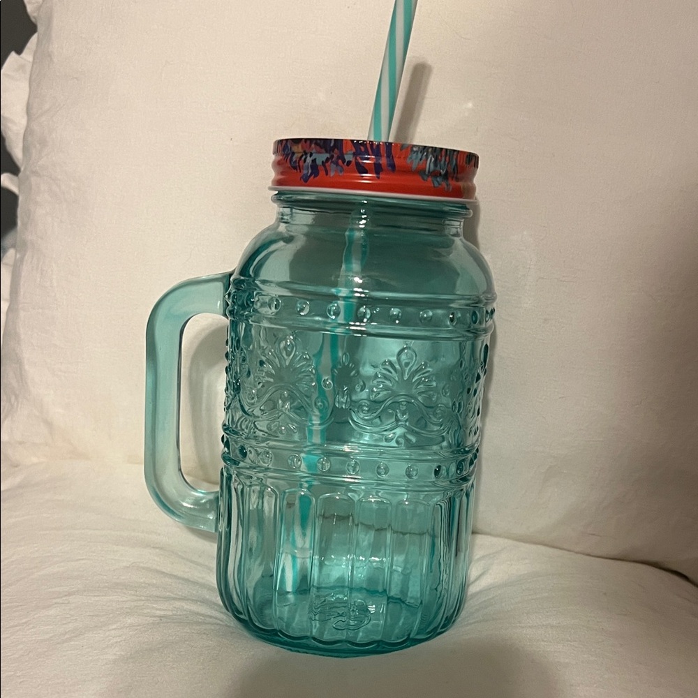 The Pioneer Woman Cassie Teal Mason Jar Drinking Glass  w/ Lid & Straw 32 oz